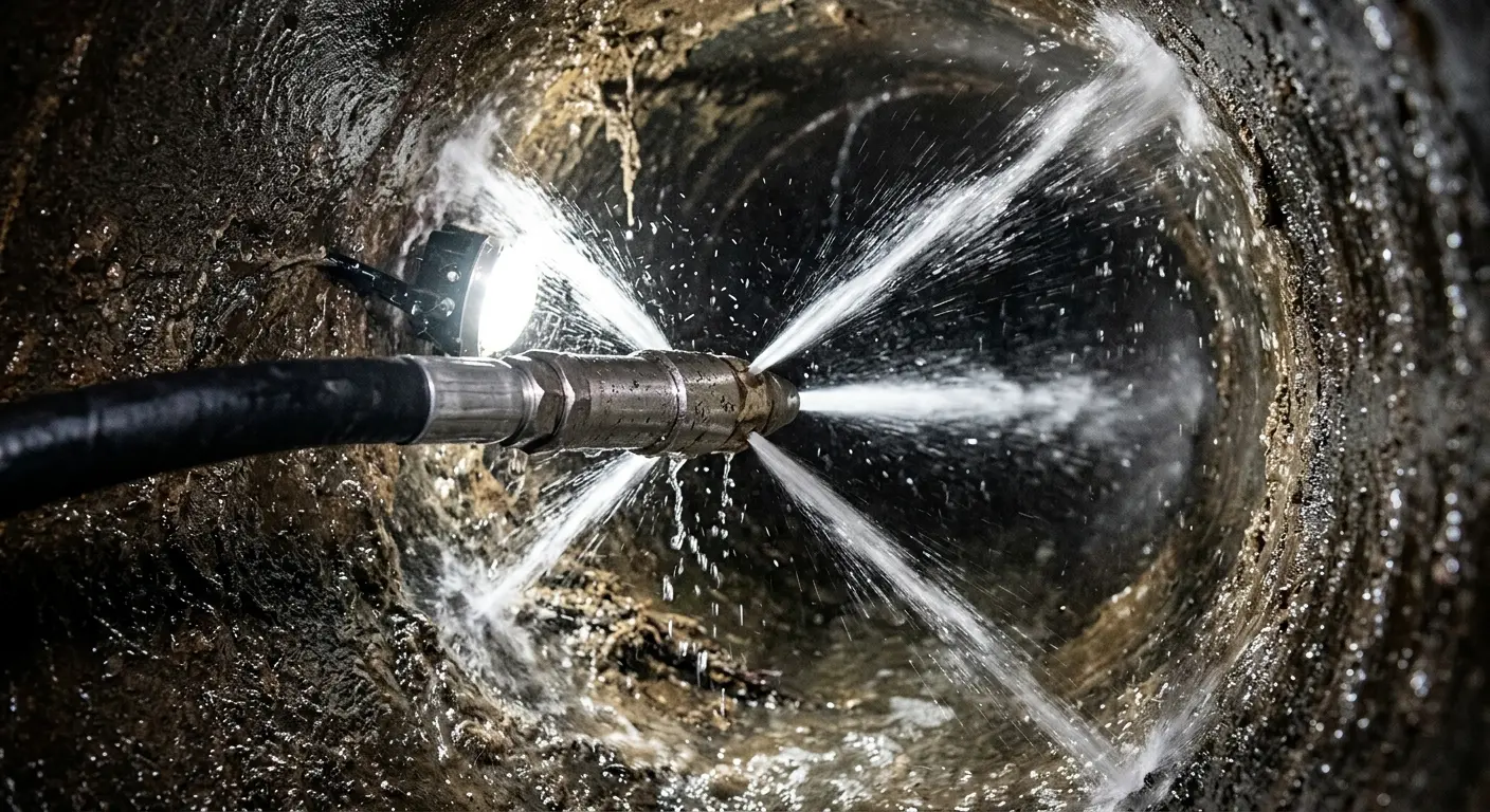 High-pressure hydro jetting nozzle cleaning sewer pipe for Sewer Cleanout in Robinson