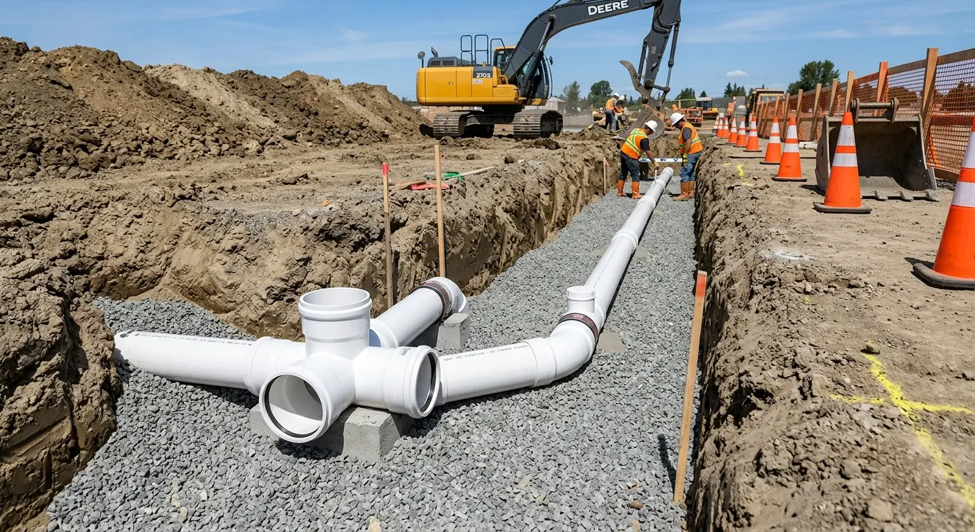 New PVC sewer pipe installation in open trench for Commercial Drain Cleaning in Robinson