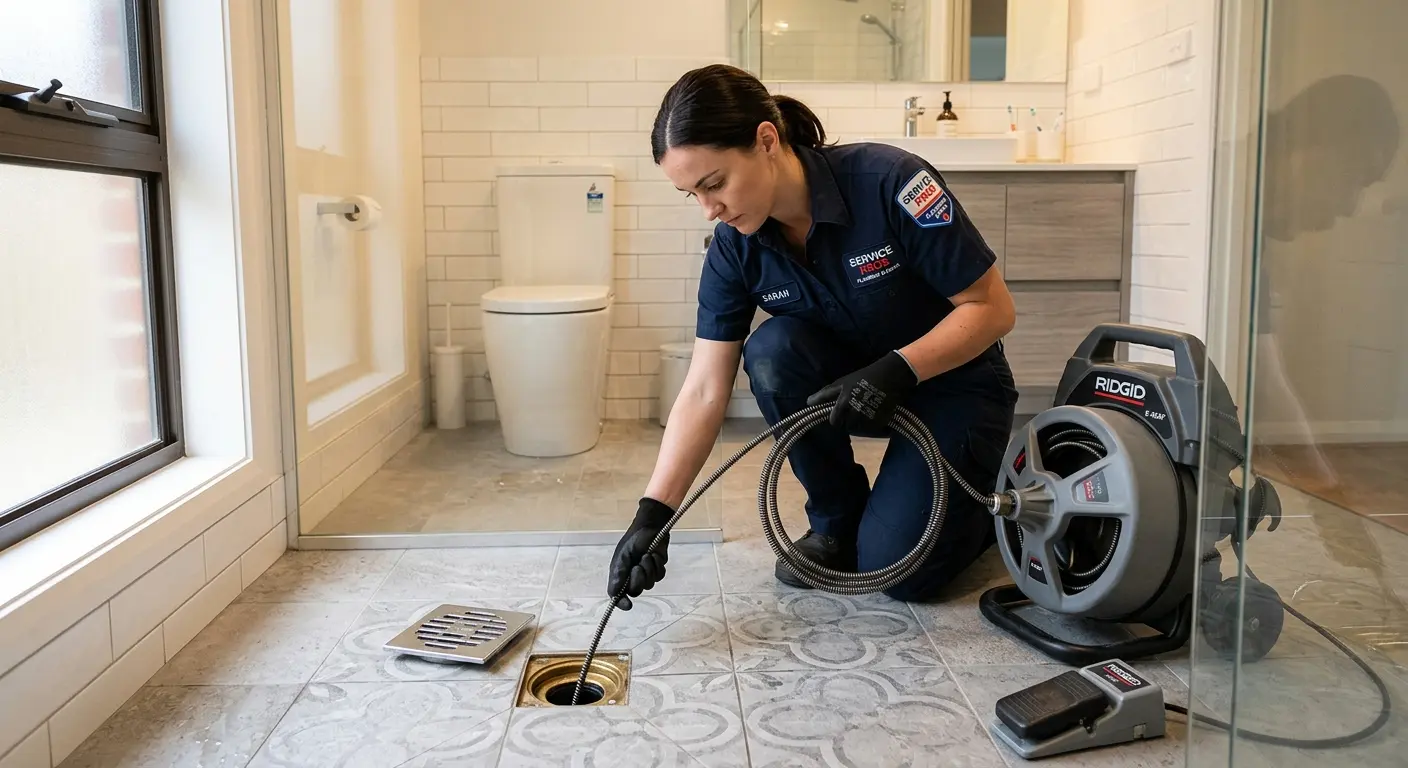 Technician clearing a bathroom floor drain for Hydro Jetting in Robinson